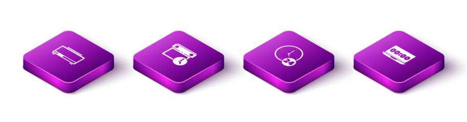 Poster - Set Isometric Digital alarm clock, Calendar and, Clock 24 hours and on laptop icon. Vector