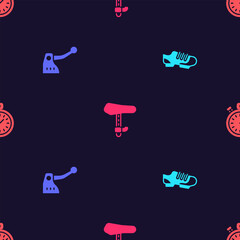 Poster - set bicycle shoes, brake, seat and stopwatch on seamless pattern. vector