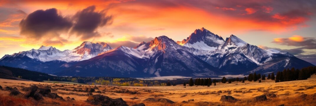 Bitterroot Mountains Montana. A Majestic Rocky Mountain Peak with Stunning Sunset Sky View in US National Park - 16:9 Aspect Ratio