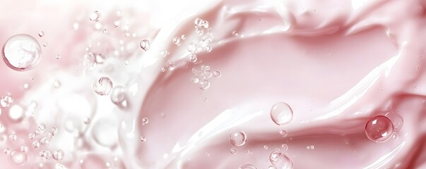 Leinwandbilder - Dreamy pink liquid droplets and bubbles swirling and glistening on a soft pastel hued and delicate textured background  This abstract macro level image evokes a sense of purity freshness