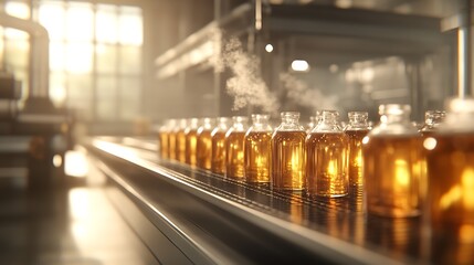 Poster - A warm, golden light illuminates jars filled with liquid, lined up on a conveyor belt in a factory setting, evoking a sense of industry and craftsmanship.