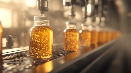 Poster - A production line with glass jars filled with golden liquid, highlighting the bottling process in a factory setting.