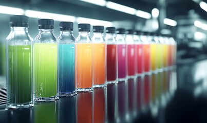 Poster - A vibrant display of colorful drinks in clear bottles, lined up in a modern setting, showcasing a range of refreshing beverages.