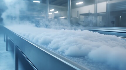Poster - A misty industrial scene showing a long table covered with steam, suggesting a process involving heat and possibly food production.