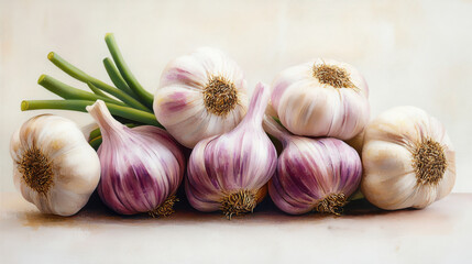 Freshly harvested garlic bulbs with green shoots displayed on a neutral background in a culinary setting