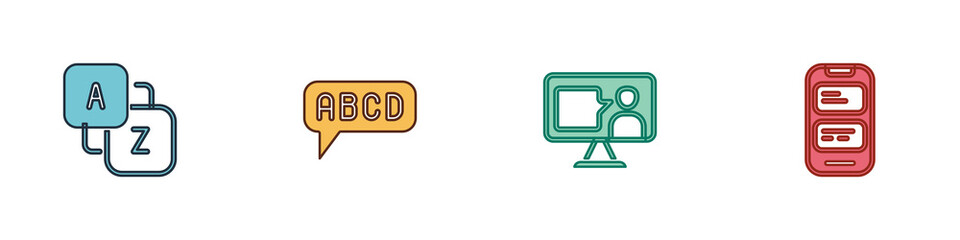 Poster - set vocabulary, alphabet, foreign language online study and online translator icon. vector