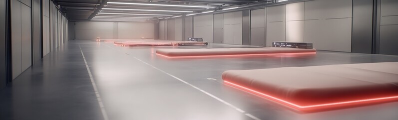 Poster - A futuristic, minimalistic storage facility featuring illuminated platforms and sleek, metallic walls.