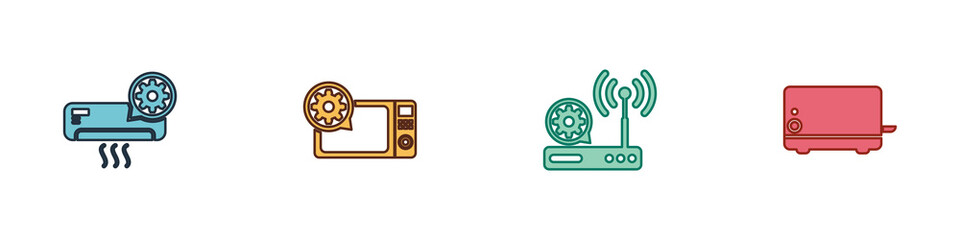 Poster - Set Air conditioner setting, Microwave oven, Router and wi-fi and Toaster icon. Vector