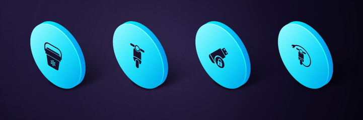Poster - set isometric electric scooter, usb flash drive with lock, scooter and cooler bag icon. vector