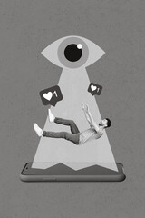 Poster - Collage photo of young falling down addicted smartphone blogger user student guy need more popular shares spy eye isolated on blue color background