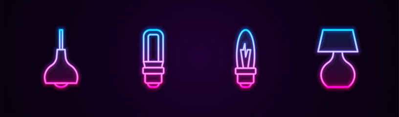 Wall Mural - Set line Lamp hanging, LED light bulb, Light and Table lamp. Glowing neon icon. Vector