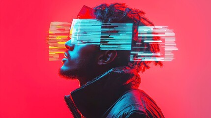 Poster - Neon Glitch Cyborg, a cybernetic humanoid silhouette illuminated in vibrant blue hues, features a clean geometric design, echoing pop art aesthetics with a cool neon palette.