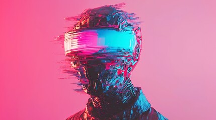 Poster - Neon Glitch Cyborg, a cybernetic humanoid silhouette in vibrant blue, embodies a pop art aesthetic with clean lines and a cool neon color palette, exuding a futuristic vibe.