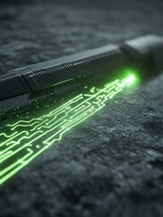Aufkleber - A sleek, futuristic device with glowing green circuitry on a textured surface, suggesting advanced technology and innovation.