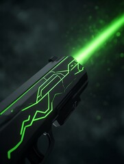 Poster - A futuristic handgun emits a bright green laser beam, showcasing sleek design and modern technology against a dark background.