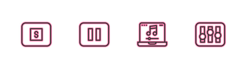 Poster - set line stop media button, laptop with music, pause and sound mixer controller icon. vector