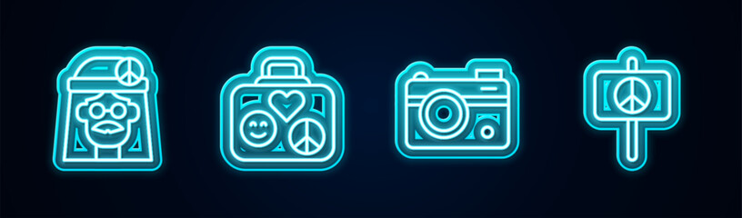 Poster - Set line Hippie girl, Suitcase for travel, Photo camera and Peace. Glowing neon icon. Vector