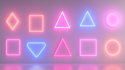 Poster - Neon Cybernetic Harmony, vibrant floating shapes pulsate with neon gradients, embodying a pop art aesthetic in a clean geometric style, infused with cool colors and dynamic energy.