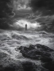 Aufkleber - A dramatic seascape featuring a lighthouse standing tall amidst tumultuous waves and dark, stormy clouds.