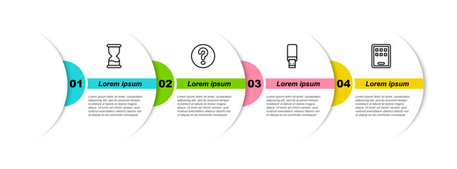Poster - set line old hourglass, speech bubbles with question, usb flash drive and graphic tablet. business i