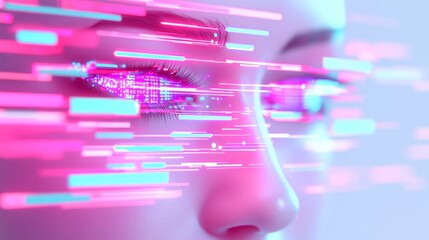 Poster - Futuristic sci-fi interface with glitchy holographic overlays, vibrant pop art design, clean geometric shapes, cool neon-lit color palette, immersive digital experience.