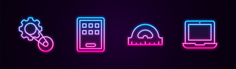 Fototapete - Set line Timing belt kit, Graphic tablet, Protractor grid and Laptop. Glowing neon icon. Vector