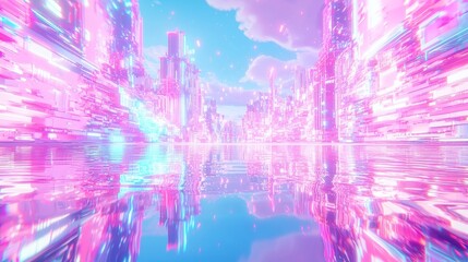Poster - Holographic Cityscape in Neon Sky, a vibrant pop art-inspired digital realm with geometric structures, illuminated by cool neon colors, evoking a futuristic urban landscape.