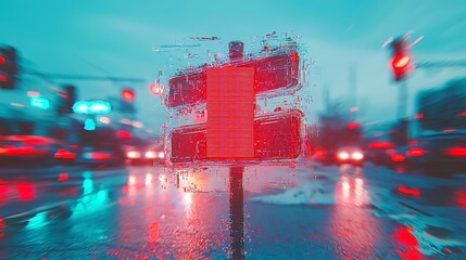 Poster - Holographic street signs with pixelated breaks, featuring solid colors and a pop art design, showcasing a cool neon-lit color palette in a clean geometric style.