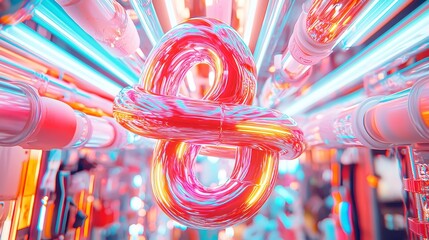 Poster - Neon Spiral Illusion, a vibrant display of shifting RGB colors creating a mesmerizing spiral, featuring bold geometric patterns and a cool neon-lit atmosphere reminiscent of pop art.