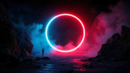 Poster - Dynamic Neon Spiral, a captivating display of swirling RGB hues, featuring mesmerizing static effects, embodying a sleek, geometric pop art aesthetic with vibrant cool tones.