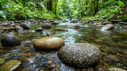 Poster - Close-up of a tranquil stream and smooth stones in a lush forest a serene nature photography scene
