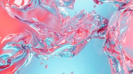 Poster - Neon Reflections on Liquid Metal, a vibrant display of a liquid metal surface mirroring bright pink and cyan lights, featuring a sleek pop art design and a striking cool color palette.