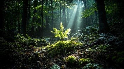 Poster - Beam of light illuminates fern in dense forest nature scene tranquil environment close-up viewpoint