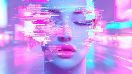 Poster - Neon Glitch Aesthetic, vibrant purple and cyan digital distortion, pixelated effects, pop art inspiration, clean geometric style, cool neon-lit color palette.