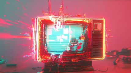 Poster - Retro TV Glitch, a pixelated display with vibrant cyber distortion, featuring a pop art-inspired design, geometric shapes, and a cool neon color palette.