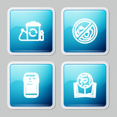 Poster - Set line Recycle bin with recycle, No trash, Stop plastic pollution and Earth globe and book icon. Vector