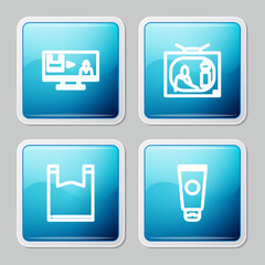 Poster - Set line Stop plastic pollution, , Plastic bag and Cream cosmetic tube icon. Vector
