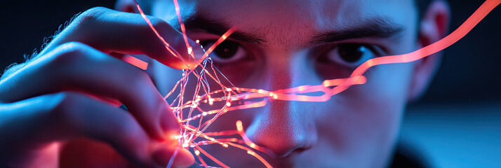 Poster - Young Man Interacting with Illuminated Fiber Optic Strands