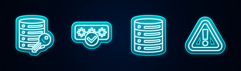 Fototapete - Set line Server security with key, Password protection, Server, Data, Web Hosting and Exclamation mark triangle. Glowing neon icon. Vector