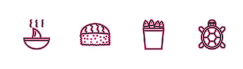 Poster - Set line Shark fin soup, Fishing bucket with fishes, Sushi and Turtle icon. Vector