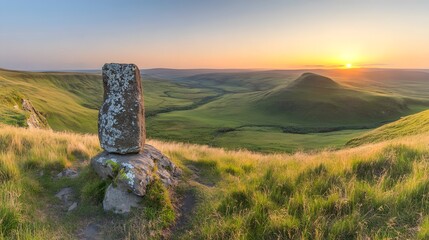 Wall Mural - sunset over rolling hills with moai statues on easter island in a serene landscape