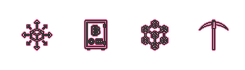 Poster - Set line Distribution, Blockchain technology, Proof of stake and Pickaxe icon. Vector