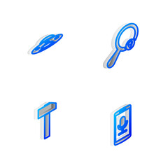 Poster - Set Isometric line Search location, UFO flying spaceship, Hammer and Mobile recording icon. Vector