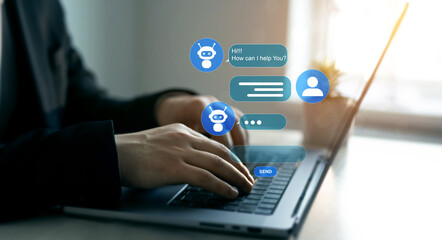 Poster - Businessman talking to a robot assistant.Contact us for online support. Customer service, helpdesk advice online chat support.