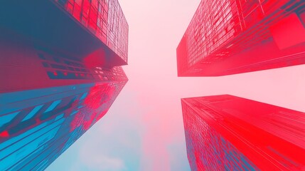 Poster - Vibrant Vaporwave Cityscape, towering skyscrapers adorned with flickering holographic advertisements, geometric design, cool neon color palette, reminiscent of pop art aesthetics.
