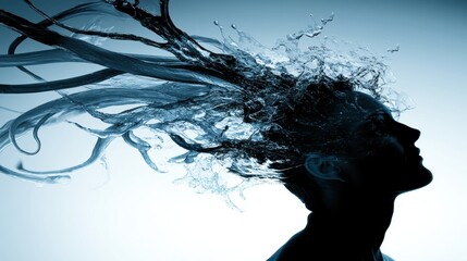 Wall Mural - Silhouette of a Woman with Flowing Hair Surrounded by Water in a Dreamy Blue Atmosphere