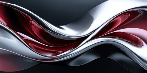 Fototapete - Abstract Silver and Crimson Liquid Metal Swirls: A Dynamic Digital Art Piece