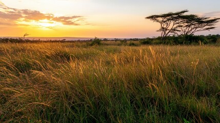 Aufkleber - Golden grasses rushing in the african savanna at sunset nature photography serene landscape tranquil view