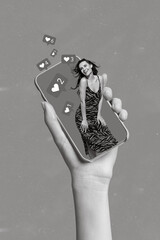 Poster - Vertical creative photo collage of hand hold phone with beautiful attractive popular girl influencer isolated on green color background