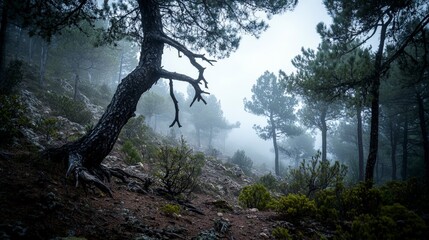 Poster - Misty pine forest exploration nature's serenity landscape photography soft silvery atmosphere tranquil viewpoint